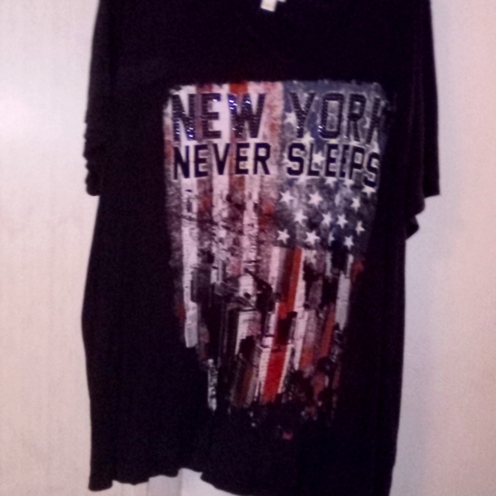 Avenue black shirt with New York and American flag on the front